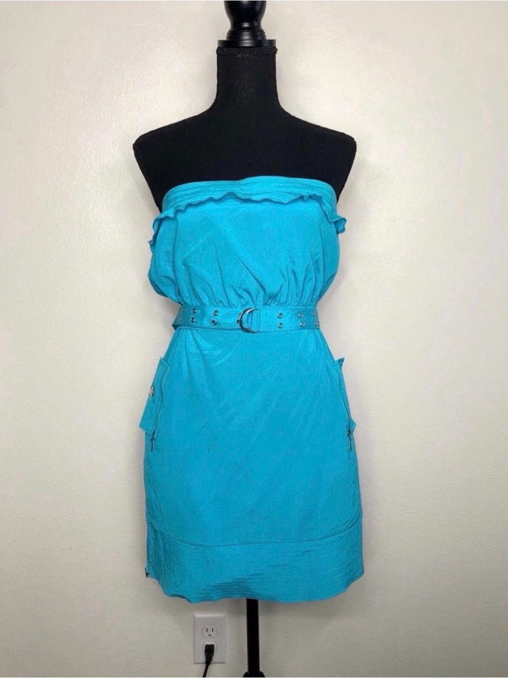 Bebe Turquoise Silk Strapless Utility Mini Dress